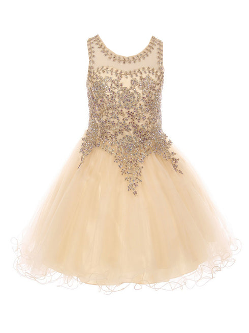 Girls Champagne Gold Trim Wire Tulle Flower Girl Junior Bridesmaid Dress 4-20